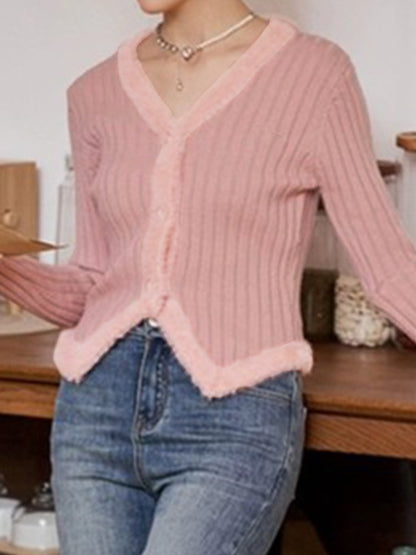 Solid V Neck Fuzzy Trim Slim Ribbed Knit Cardigan