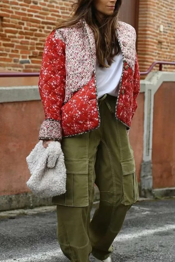 Printed Contrasting Color Stitching Cotton Jacket