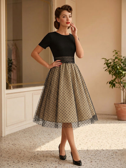 Retro Glamour Dress 1950s Style Jewel Neck Layered Short Sleeves Medium Polka Dot Rockabilly Dress