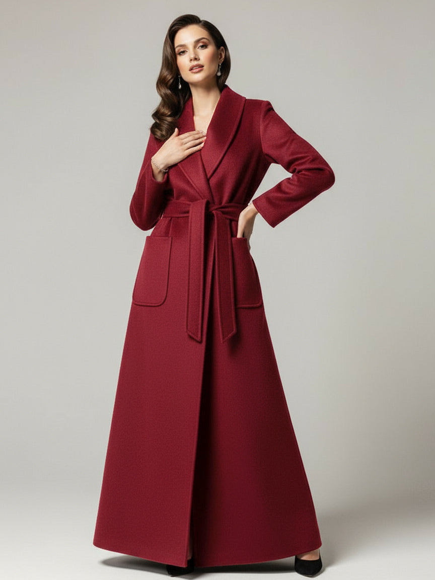 Belted Woolen Full-Length Maxi Coat With Wide Shawl Collar For Women 2026