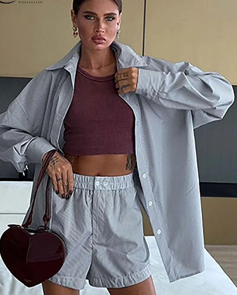 Grey Print Single Breasted Shorts Office Two Piece Set