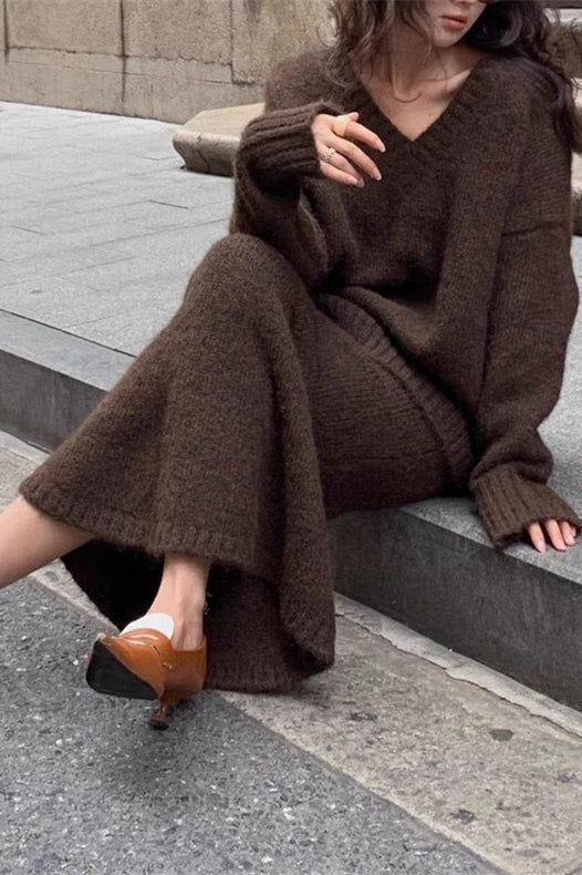 Lazy V-neck Knit Sweater Mermaid Skirt Two Piece Set