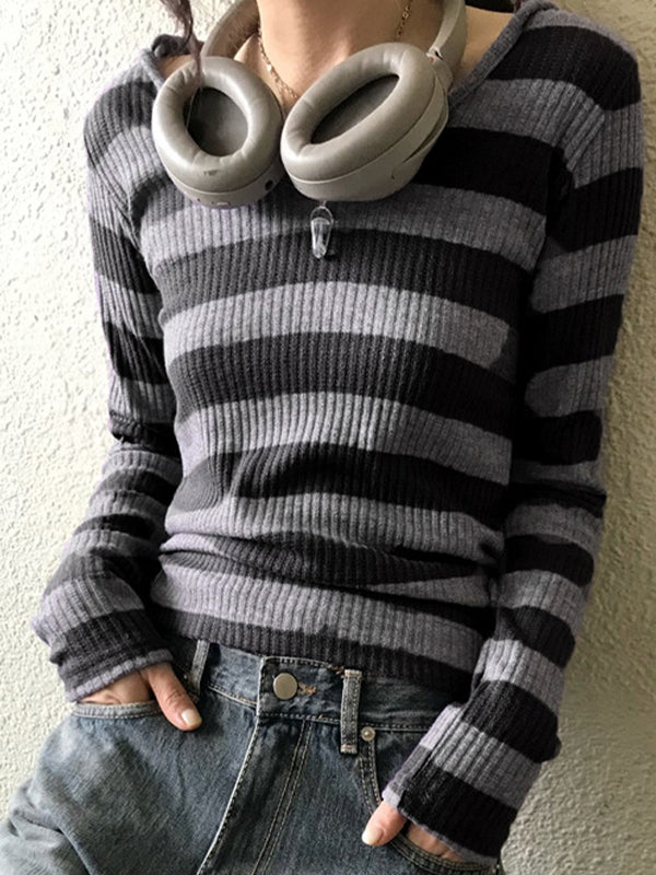 Black Vintage Slim Fit Versatile V-Neck Long Sleeve