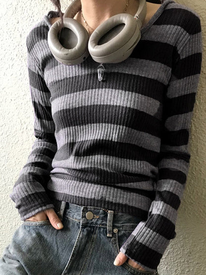 Black Vintage Slim Fit Versatile V-Neck Long Sleeve