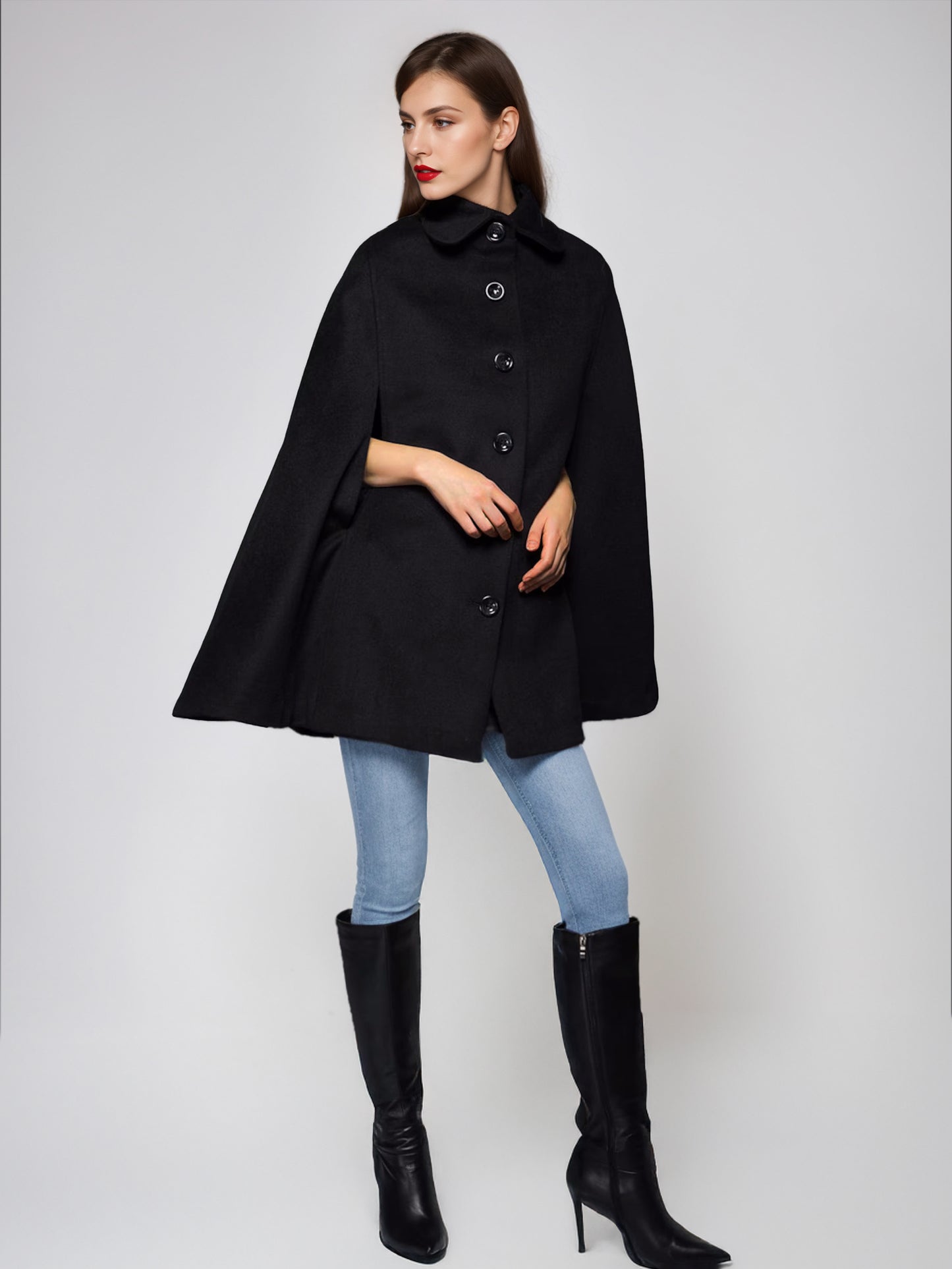 Wool Blend Cape Coat Turndown Collar Black Poncho Oversized Outerwear For Women 2026