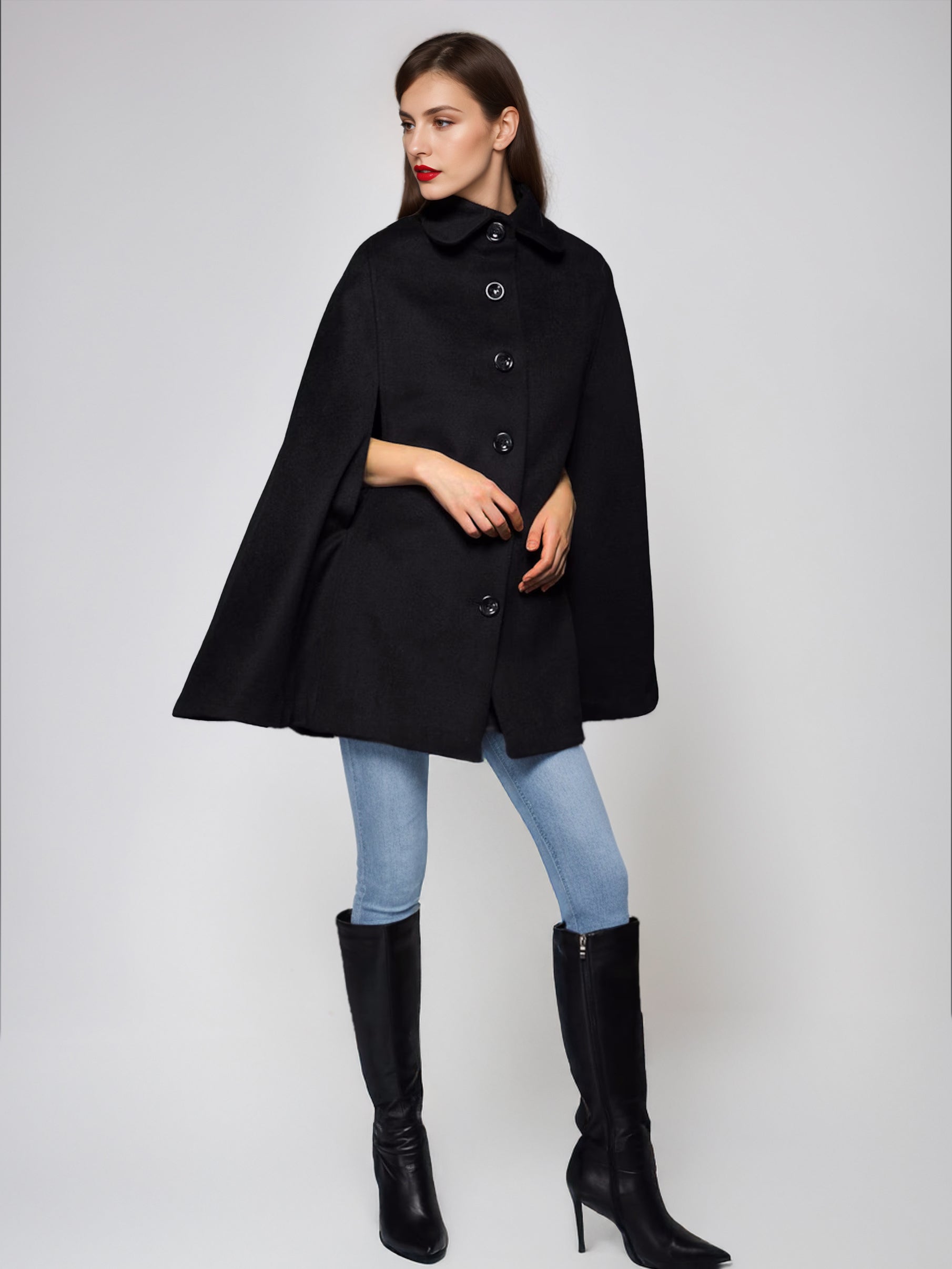 Wool Blend Cape Coat Turndown Collar Black Poncho Oversized Outerwear For Women 2026