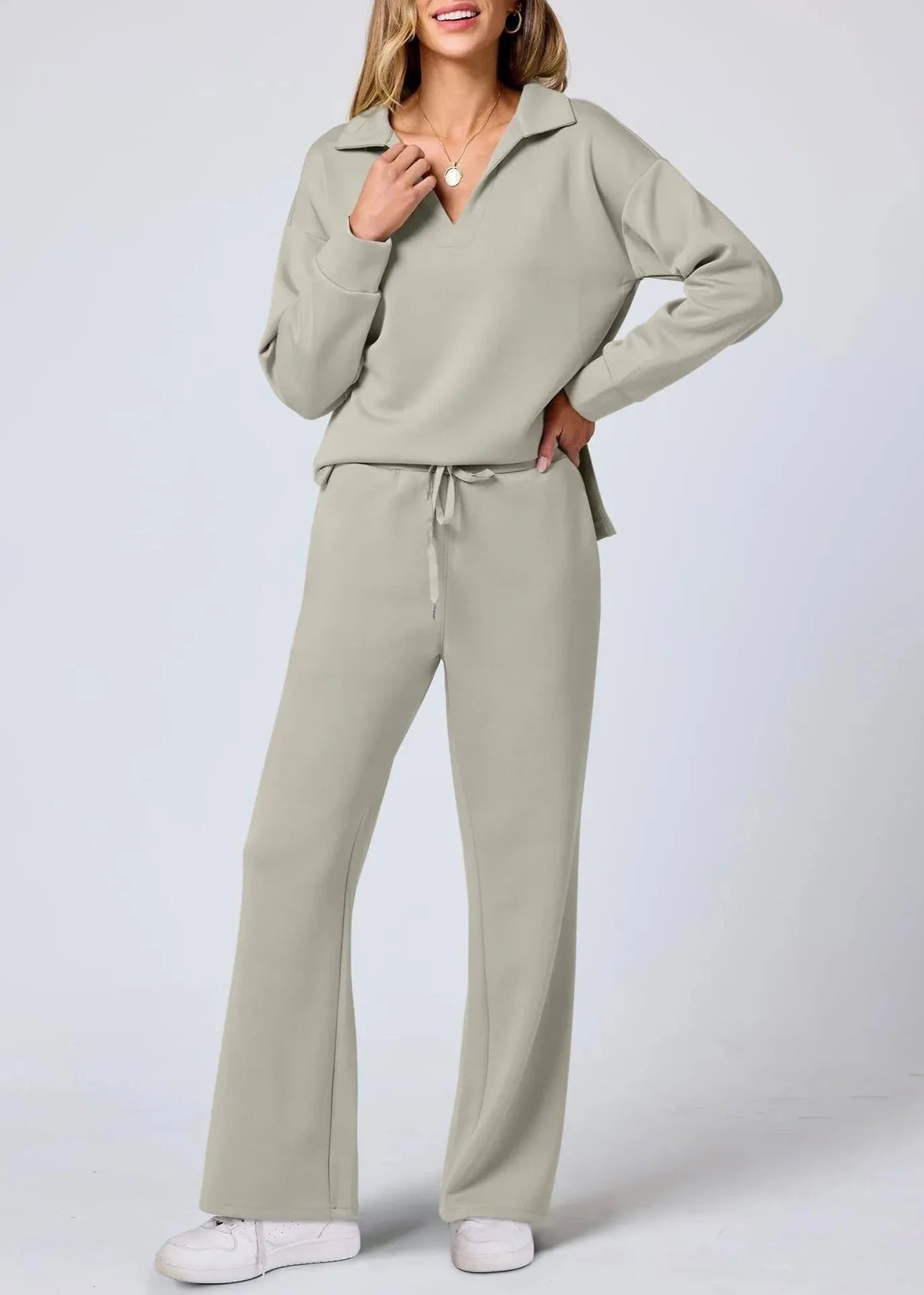 Relaxed Collar Pullover & Wide-Leg Pants Set