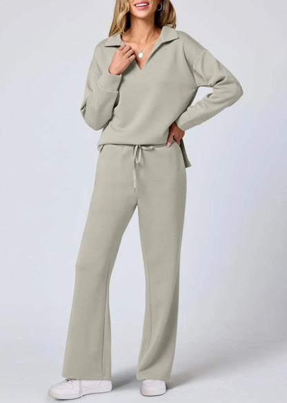 Relaxed Collar Pullover & Wide-Leg Pants Set
