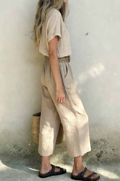 Linen Blend Crew Neck Short-sleeved Top and Elastic Waist Casual Pocket Pants Set
