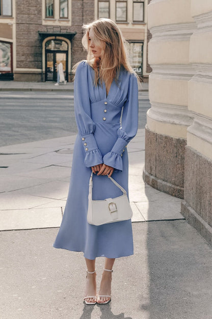 Vintage Lantern Sleeve V-Neck Bodycon Maxi Dress