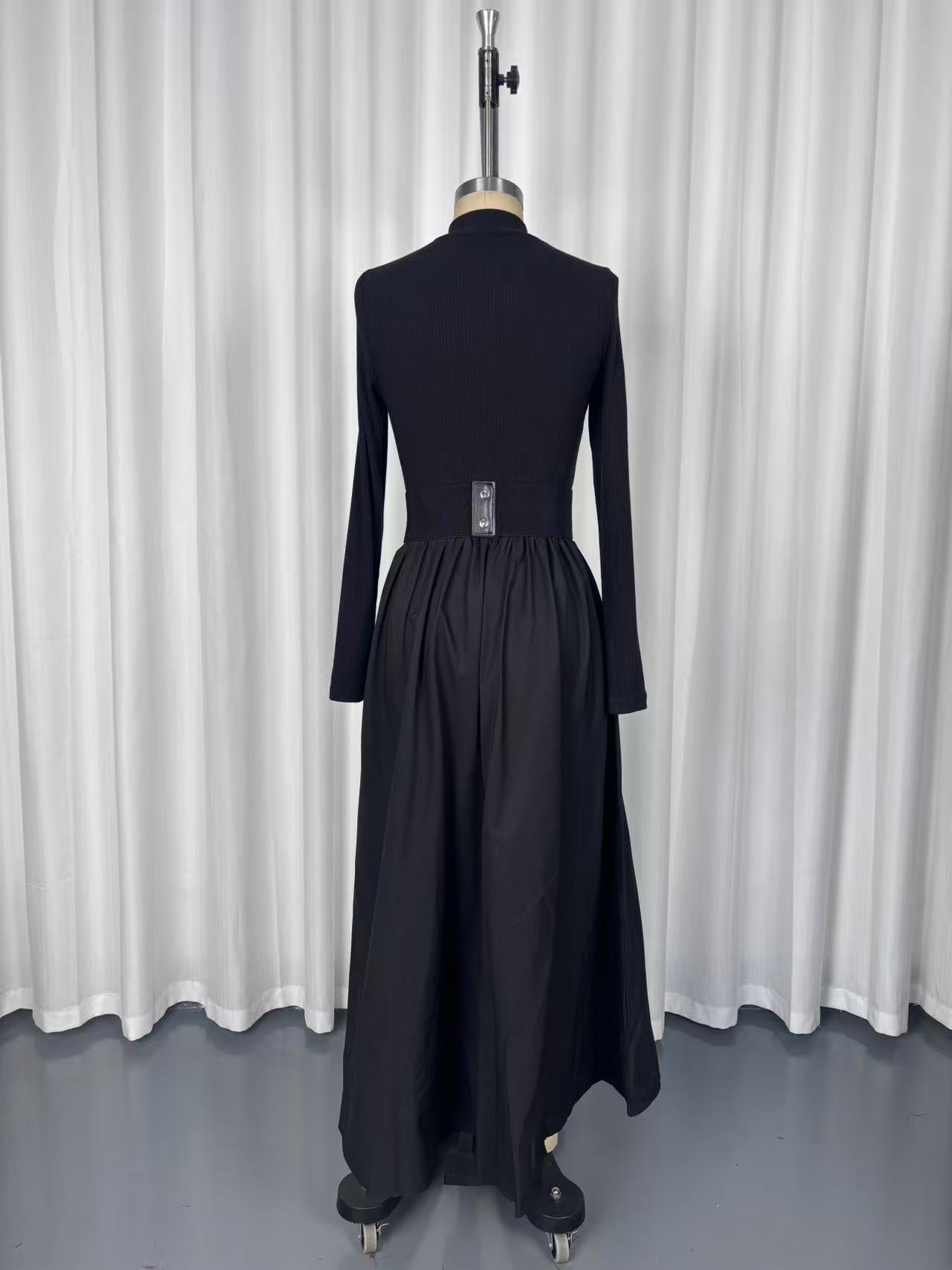 Half Zip Ribbed Knit Patchwork Belted Long Sleeve A-Line Maxi Dress For Women 2026