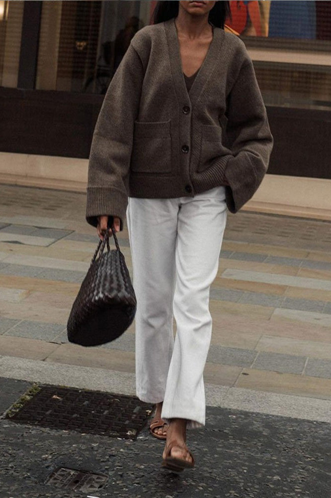 Solid Color Knit V-Neck Coat