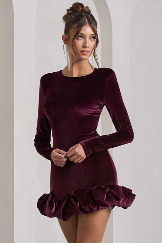 Velvet Crew Neck Ruched Long Sleeve Bubble Hem Mini Dress