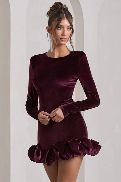 Velvet Crew Neck Ruched Long Sleeve Bubble Hem Mini Dress