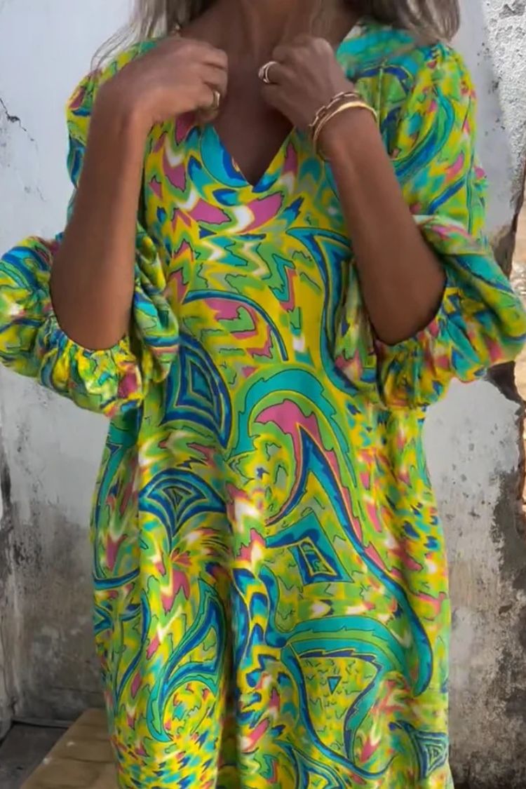 Printed V-neck Pullover Long-sleeved Loose Dress
