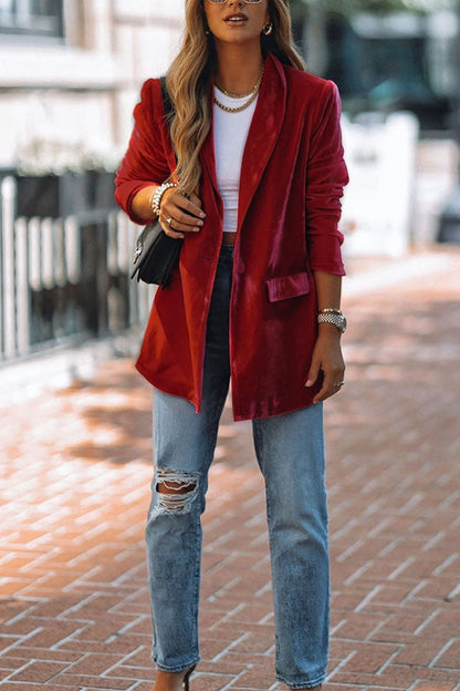 One button solid color mid-length blazer with suit collar