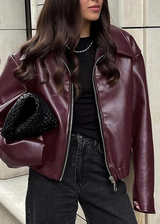 Burgundy Faux Leather Zip-Up Jacket - Effortless Edge
