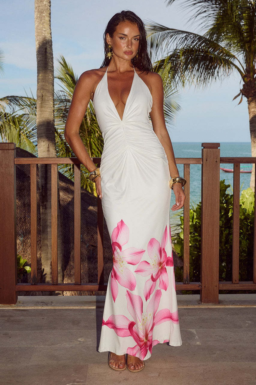 Floral Print Strapless Backless Ruched Maxi Dress