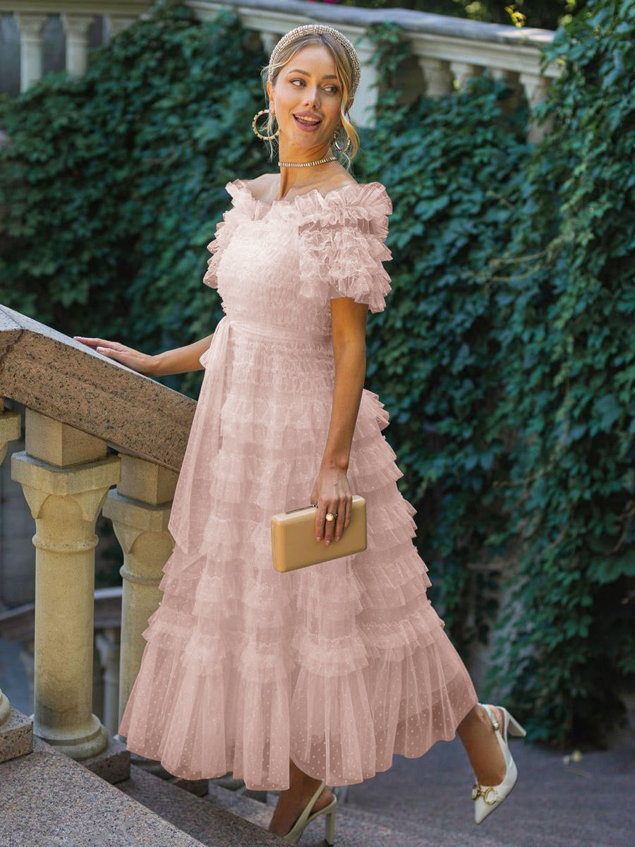 Party Maxi Dresses Embellished Collar Ruffles Polka Dot Sheer Semi Formal Dress