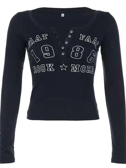 Navy Blue Vintage Long Sleeve Top with Letter Logo