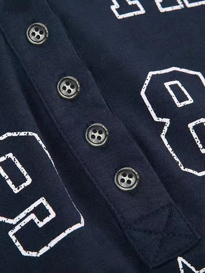 Navy Blue Vintage Long Sleeve Top with Letter Logo