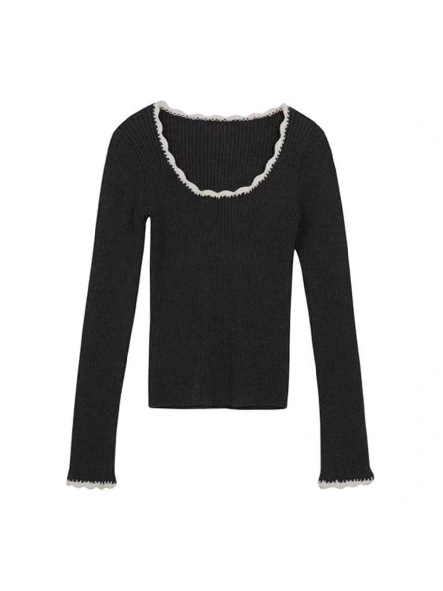 Grey Vintage Long Sleeve Knit Top with Trim Splice