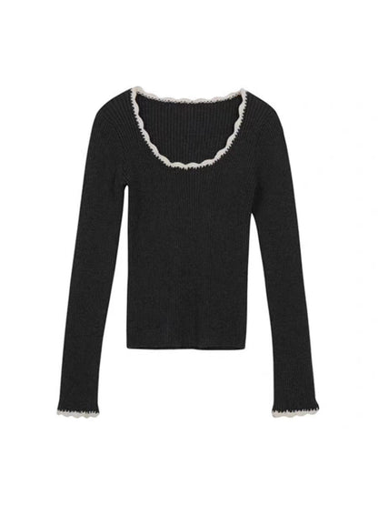 Grey Vintage Long Sleeve Knit Top with Trim Splice