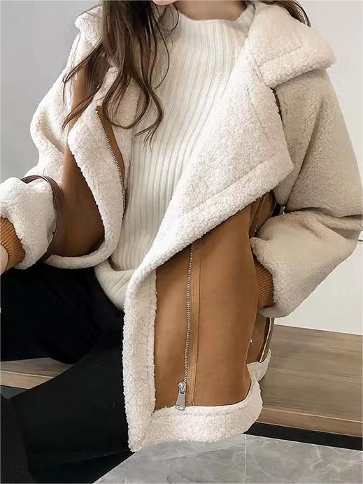 Classic Oversize Vegan Fur Suede Jacket with Lapel Collar