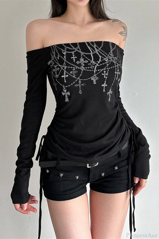 Chain Print Off-Shoulder Long Sleeve Tee