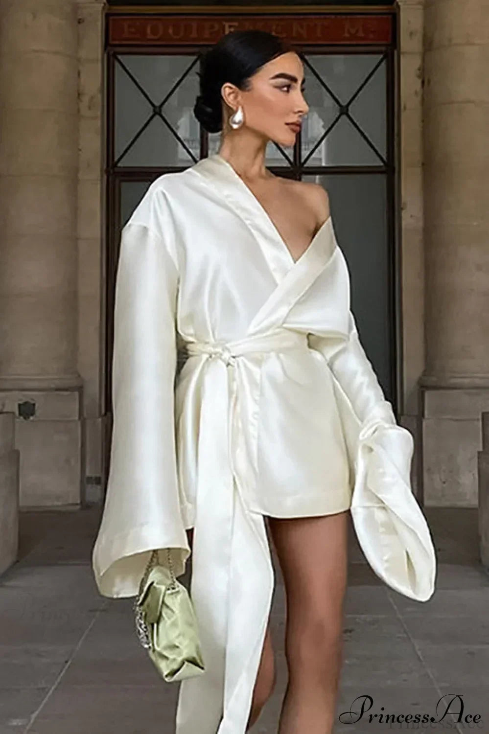 Satin Wrap V-Neck Wide Sleeve Tie Waist Mini Dress