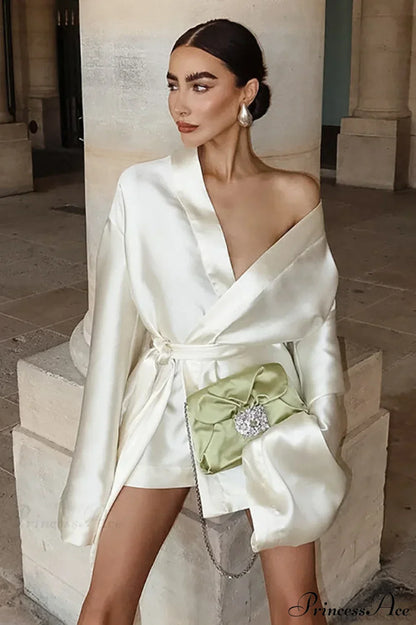 Satin Wrap V-Neck Wide Sleeve Tie Waist Mini Dress