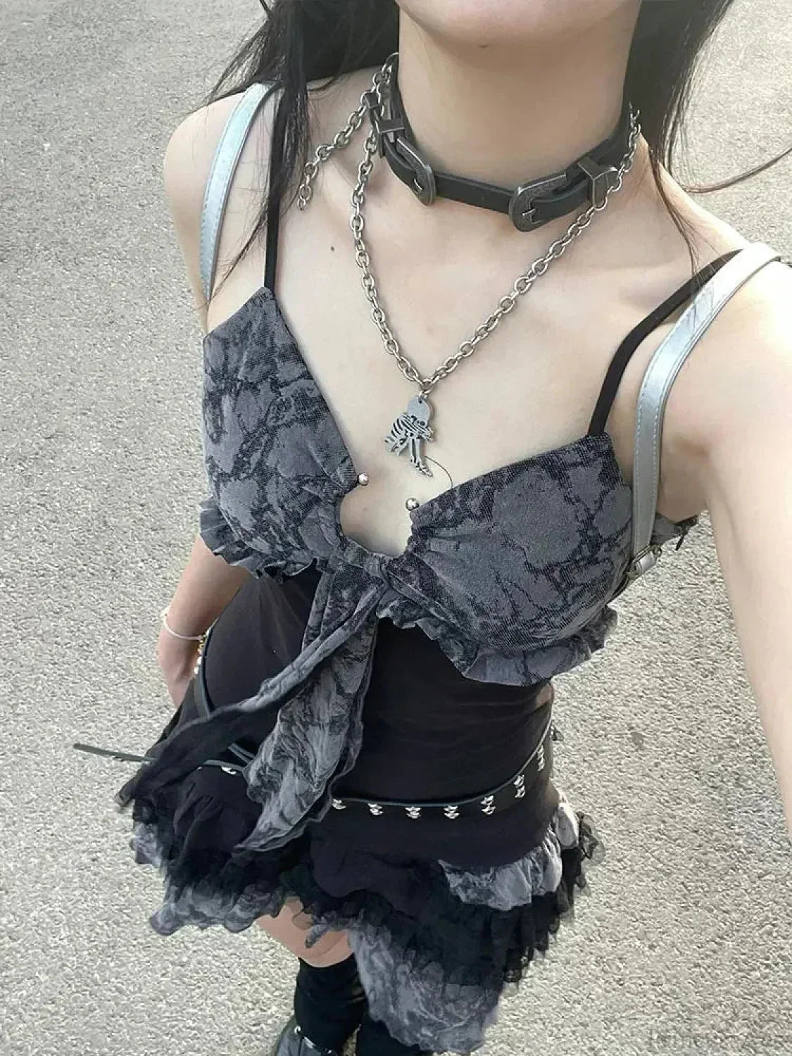 Distressed Print Tie-Front Lace Trim Layered Tiered Camisole Mini Dress