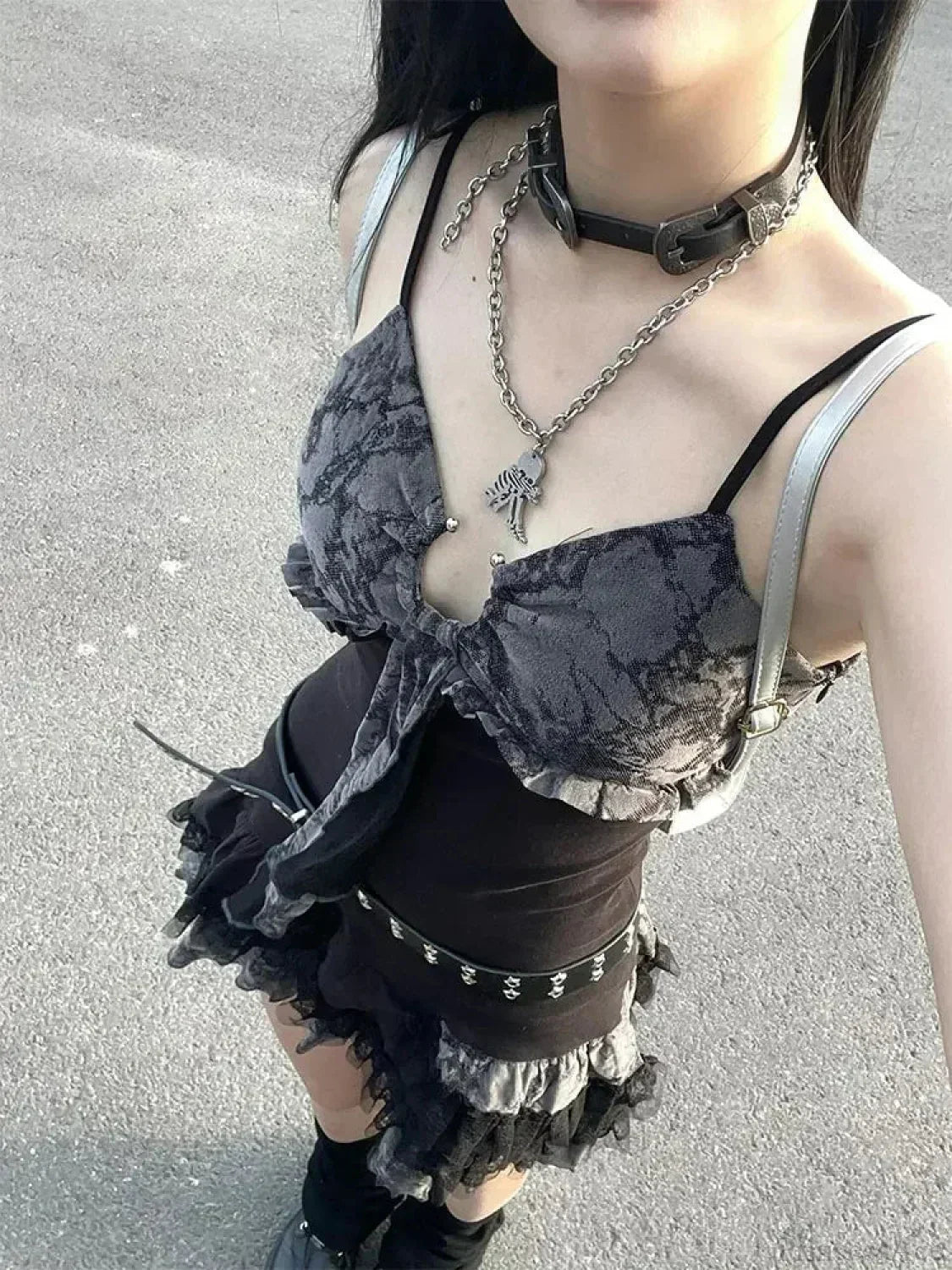 Distressed Print Tie-Front Lace Trim Layered Tiered Camisole Mini Dress