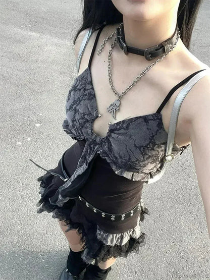 Distressed Print Tie-Front Lace Trim Layered Tiered Camisole Mini Dress