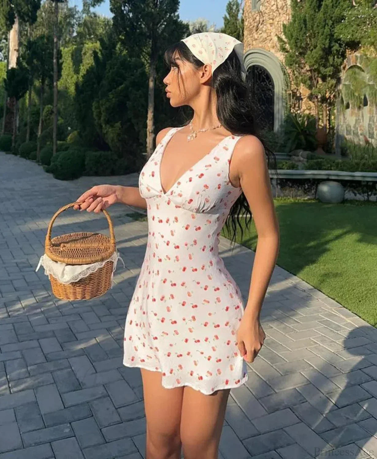 Fruit Print V-Neck Sleeveless A-Line Mini Dress