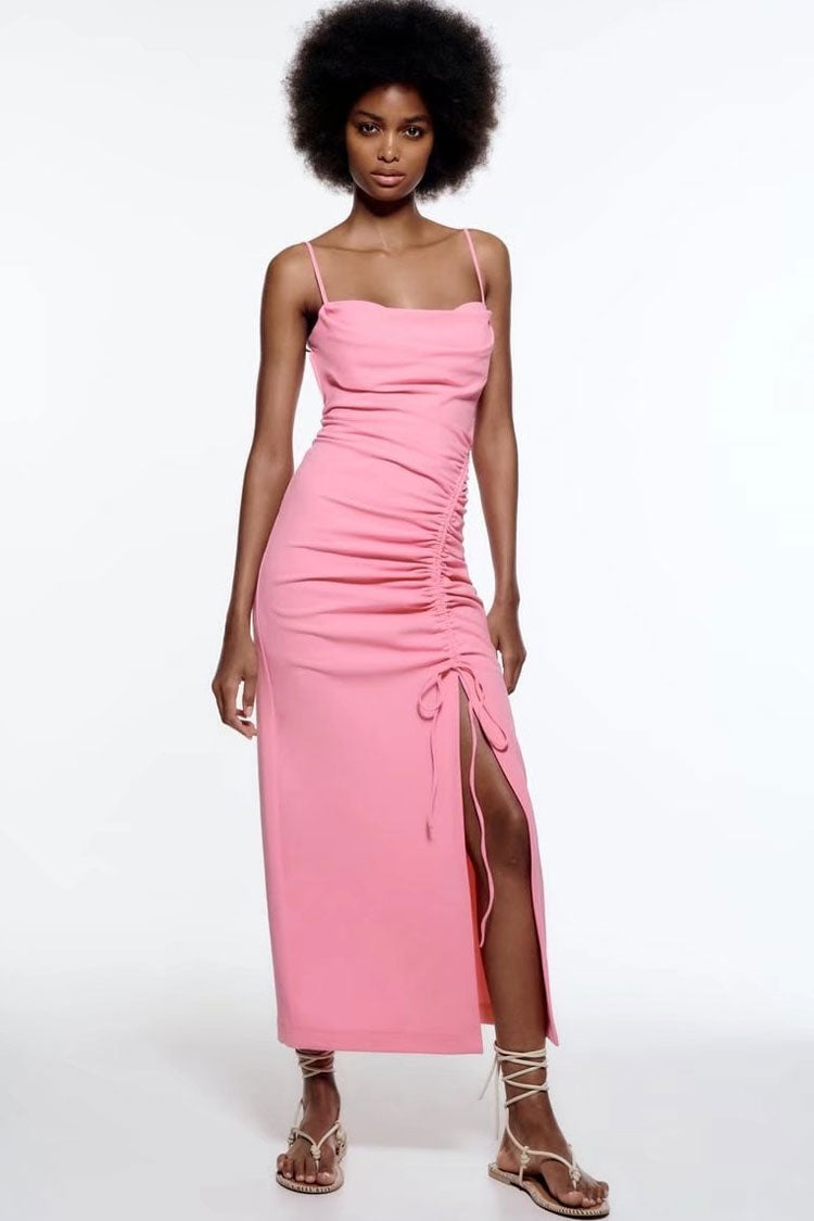 Cowl Neck Spaghetti Strap Ruched Side Tie Split Slip Midi Dress