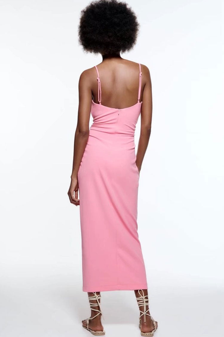 Cowl Neck Spaghetti Strap Ruched Side Tie Split Slip Midi Dress