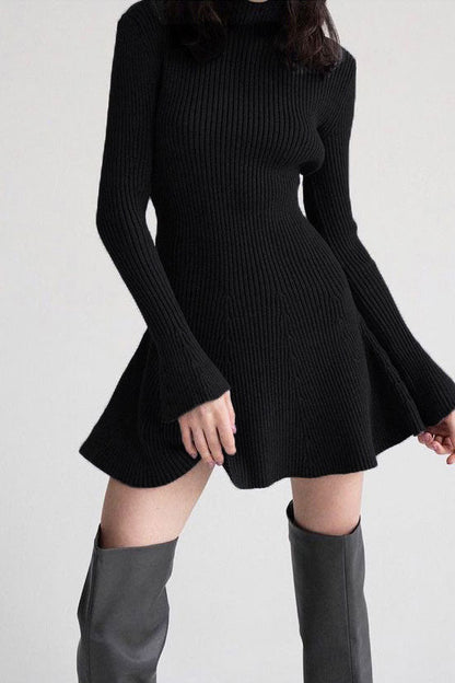 Mock Neck Rib Knit Flared Cuff Belted A-Line Long Sleeve Mini Dress