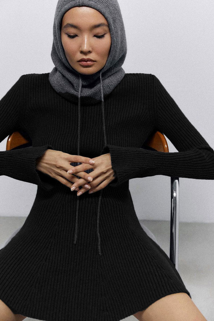 Mock Neck Rib Knit Flared Cuff Belted A-Line Long Sleeve Mini Dress