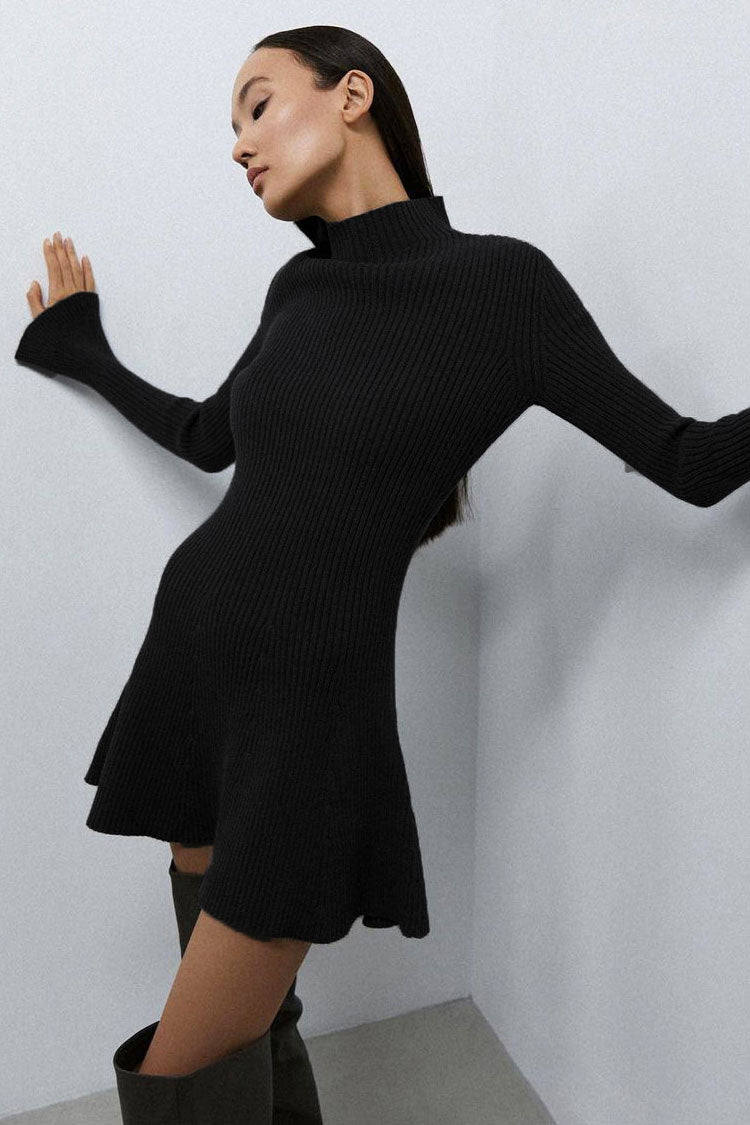 Mock Neck Rib Knit Flared Cuff Belted A-Line Long Sleeve Mini Dress