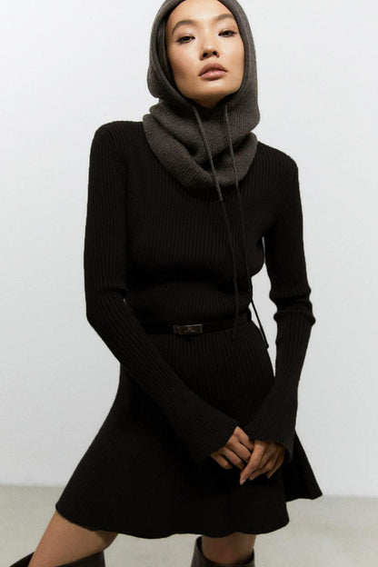 Mock Neck Rib Knit Flared Cuff Belted A-Line Long Sleeve Mini Dress