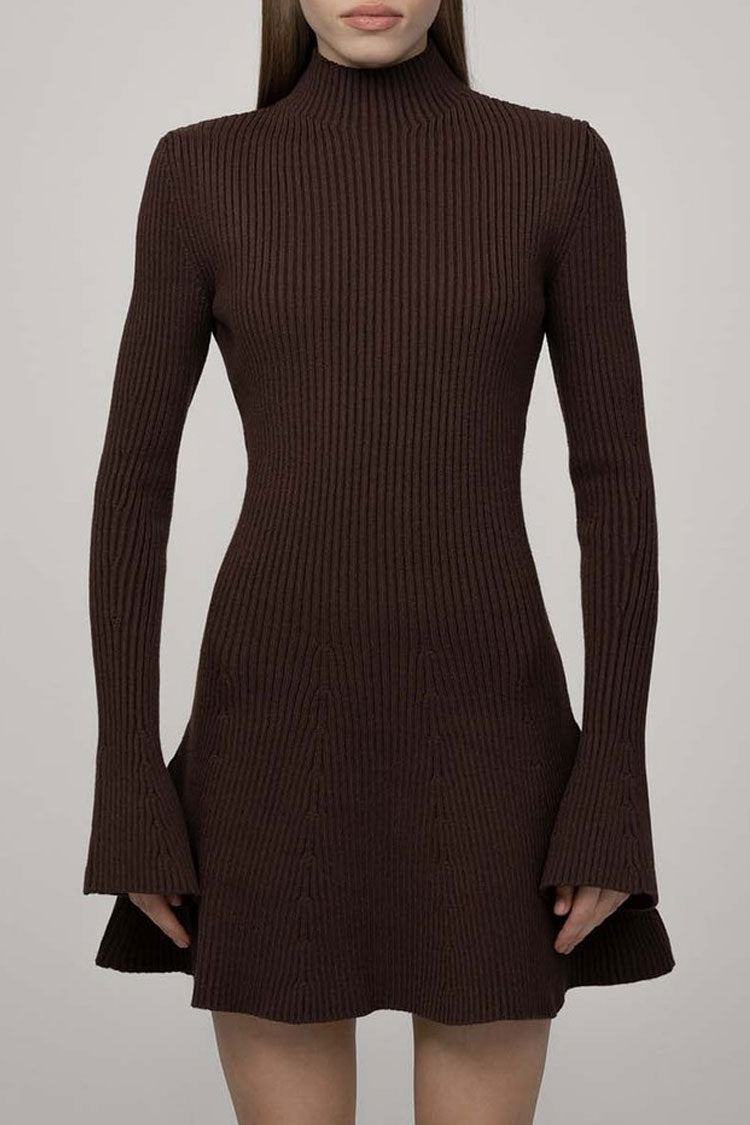 Mock Neck Rib Knit Flared Cuff Belted A-Line Long Sleeve Mini Dress