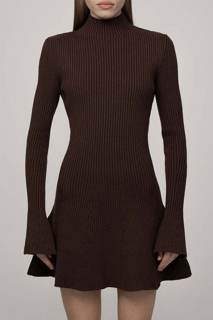Mock Neck Rib Knit Flared Cuff Belted A-Line Long Sleeve Mini Dress