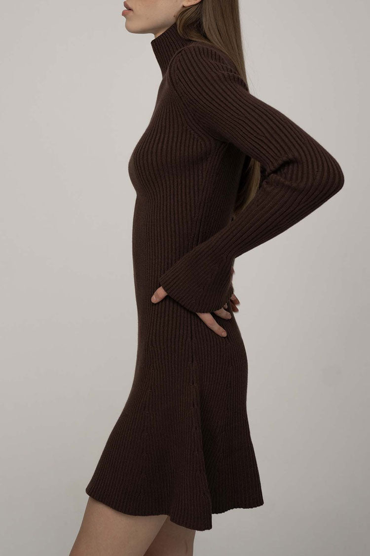 Mock Neck Rib Knit Flared Cuff Belted A-Line Long Sleeve Mini Dress