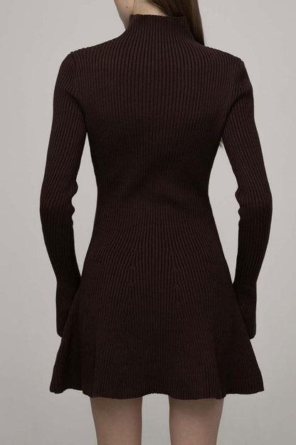 Mock Neck Rib Knit Flared Cuff Belted A-Line Long Sleeve Mini Dress