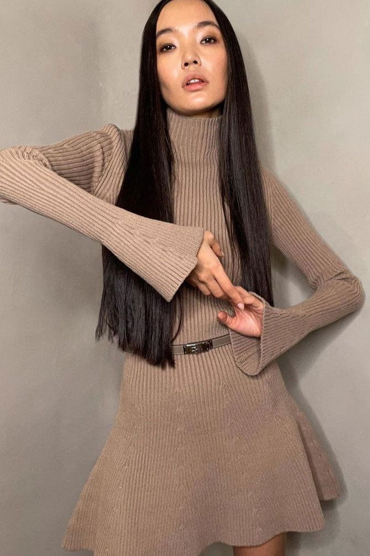 Mock Neck Rib Knit Flared Cuff Belted A-Line Long Sleeve Mini Dress
