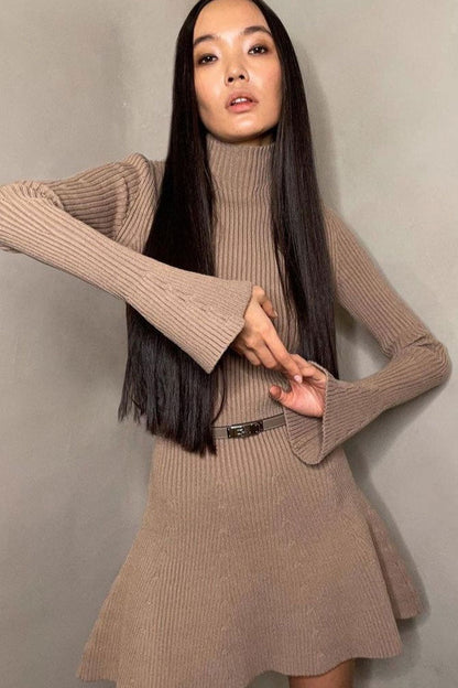 Mock Neck Rib Knit Flared Cuff Belted A-Line Long Sleeve Mini Dress
