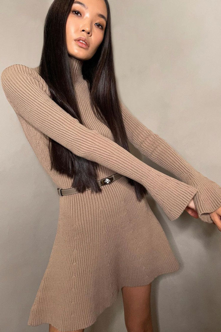 Mock Neck Rib Knit Flared Cuff Belted A-Line Long Sleeve Mini Dress