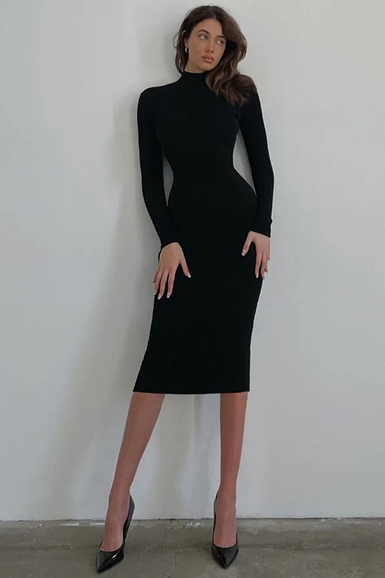 Mock Neck Long Sleeve Rib Knit Bodycon Midi Dress
