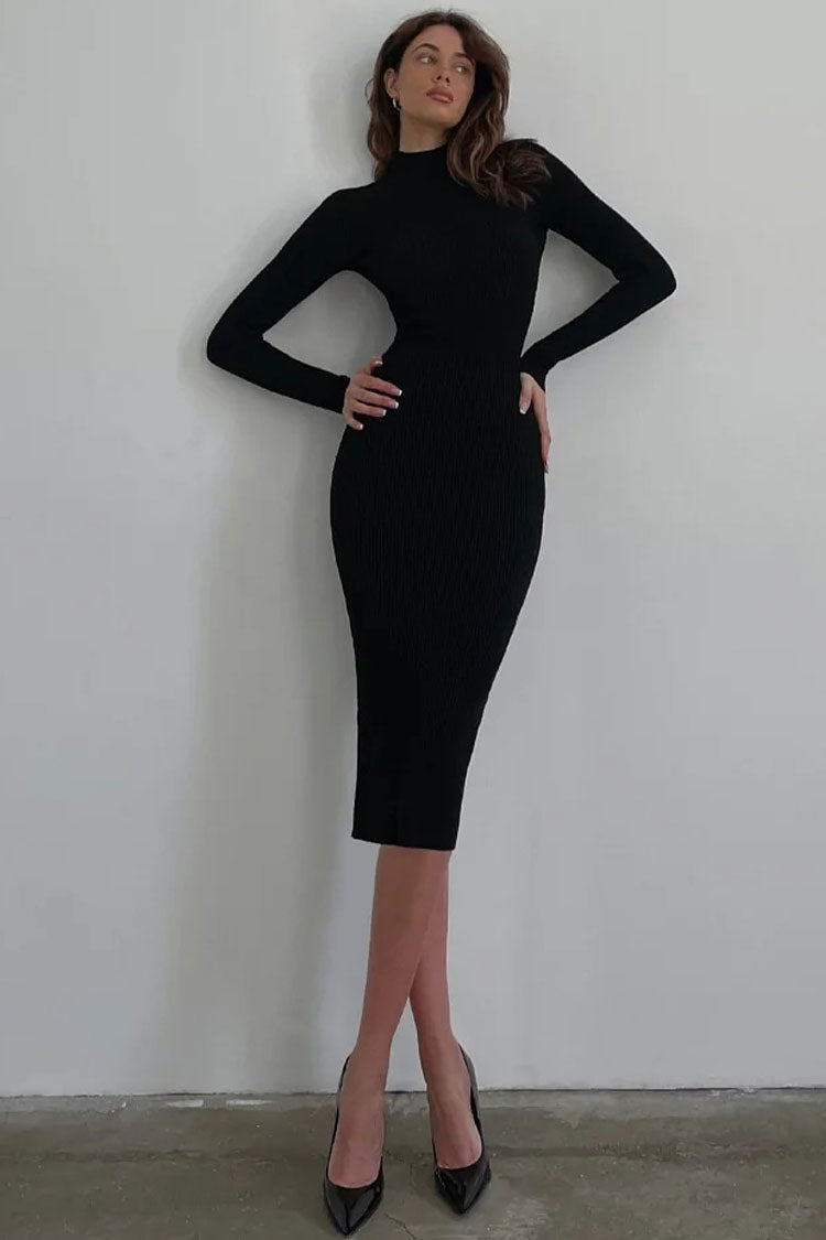 Mock Neck Long Sleeve Rib Knit Bodycon Midi Dress